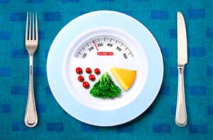 pesare il cibo su un piatto per la perdita di peso